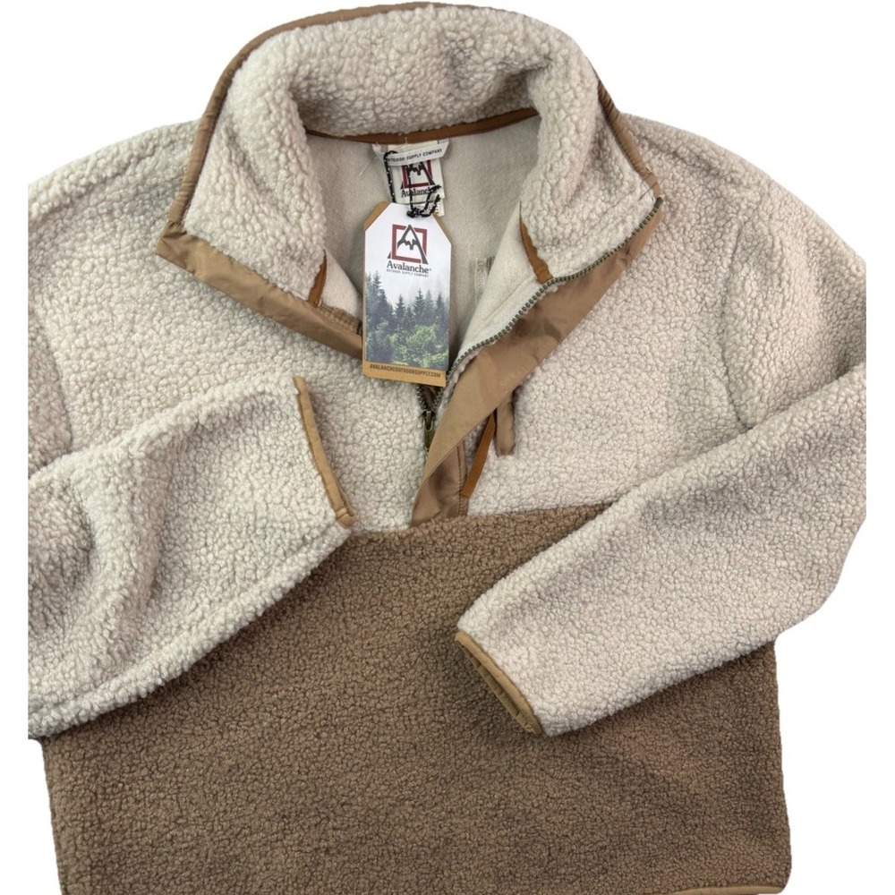 Avalanche‎ Teddy Fleece Pullover Jacket Mens Large Beige Tan 1/4 Zip Color Block